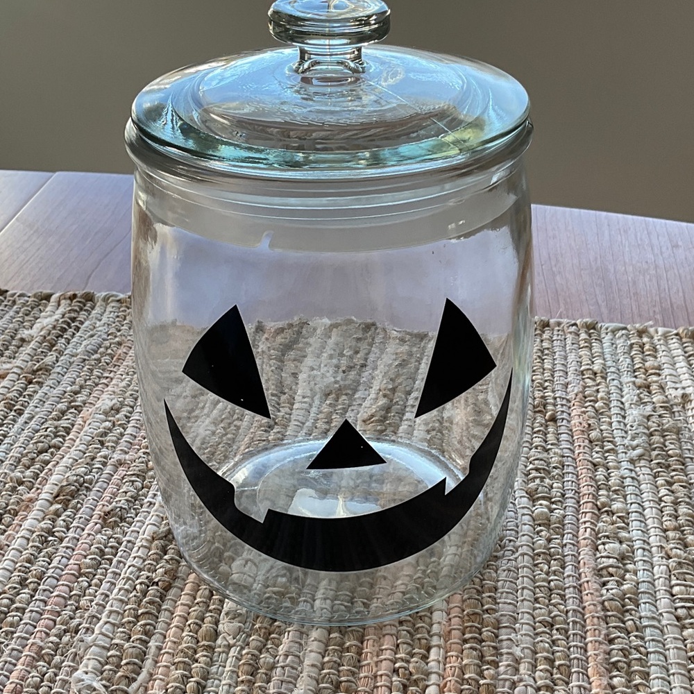 Glass Jar with Black Jack-O'-Lantern Design